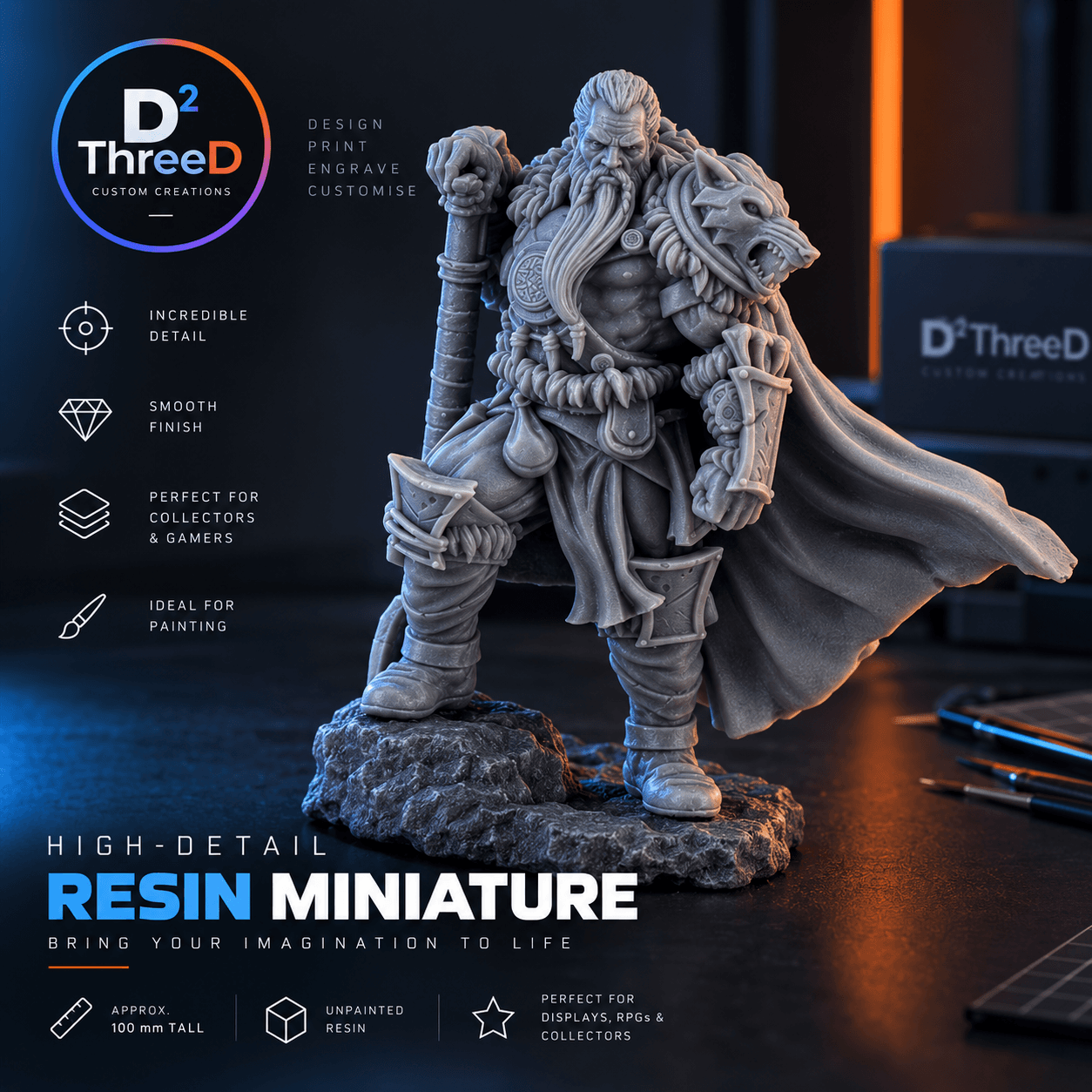Grey high-detail resin fantasy warrior miniature with armour, cape and staff