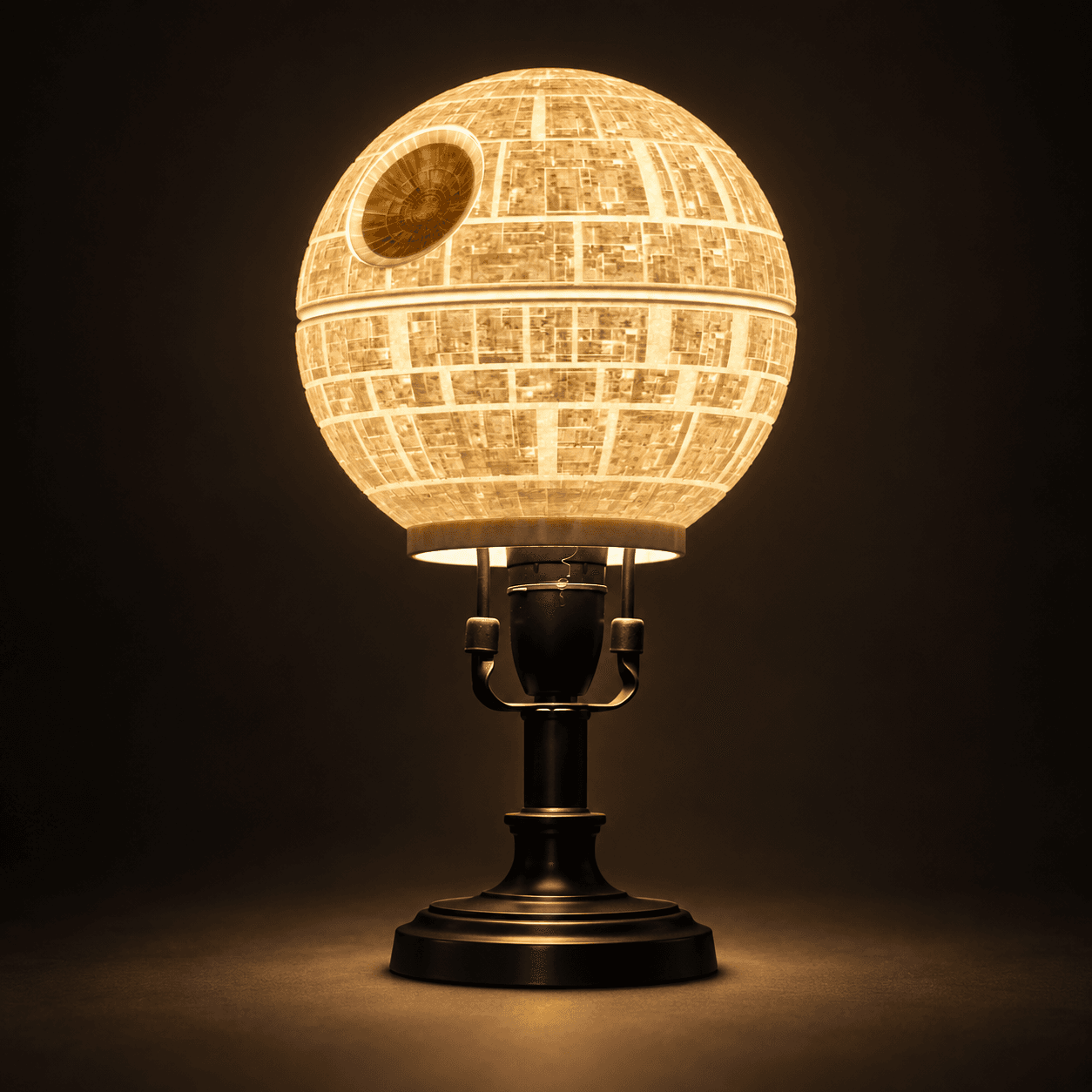 3D printed sci-fi orb LED lamp glowing through a futuristic patterned shell
