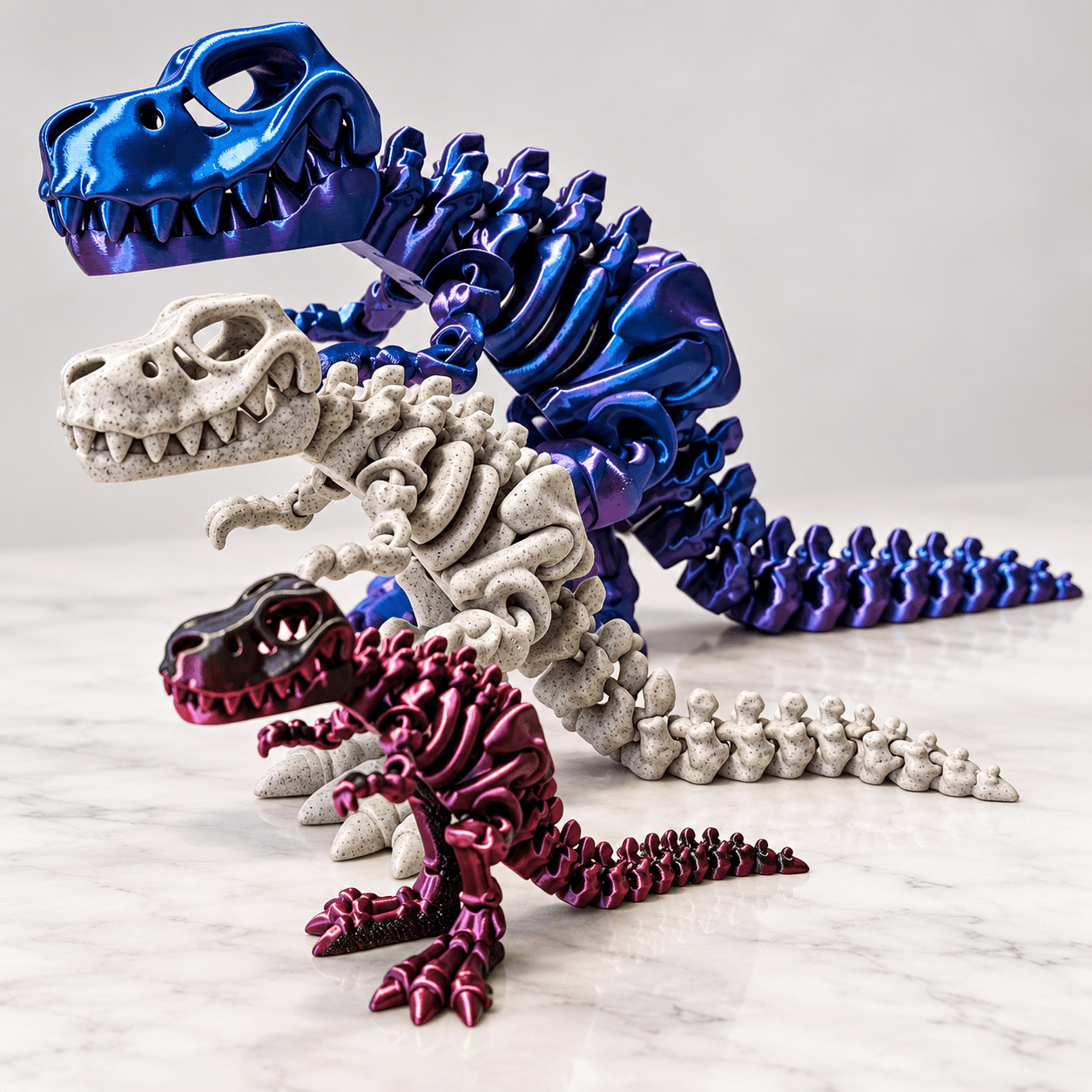 Articulated 3D printed dinosaur skeleton with segmented body, skull and tail