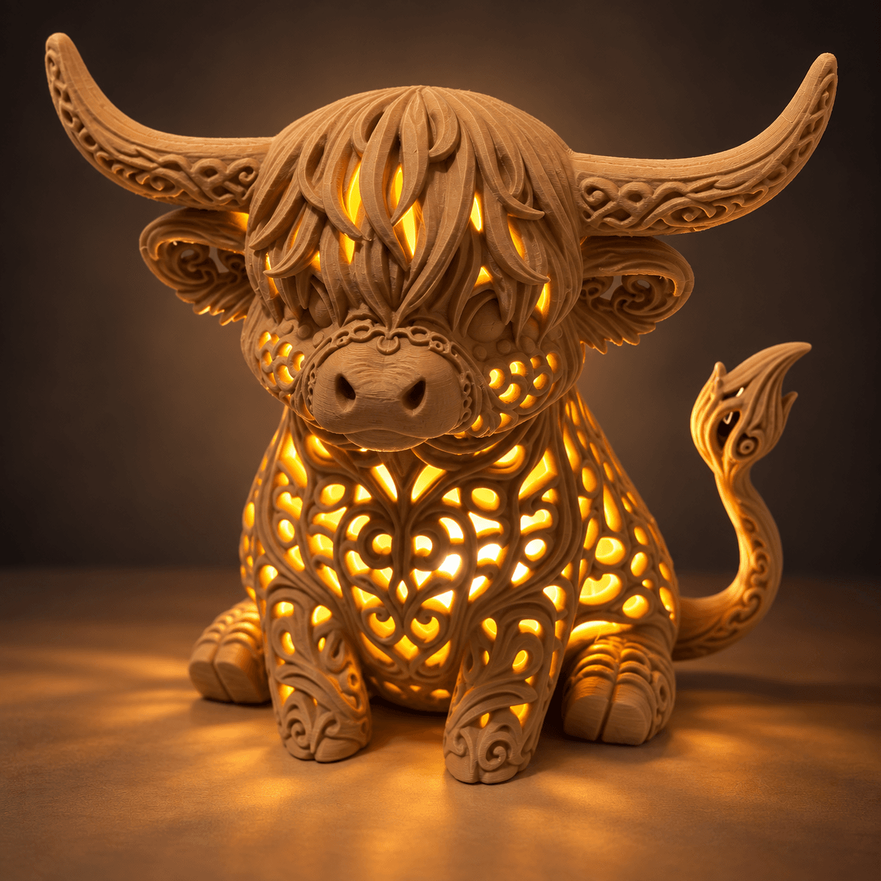 White filigree Highland cow LED lamp glowing through intricate decorative patterns