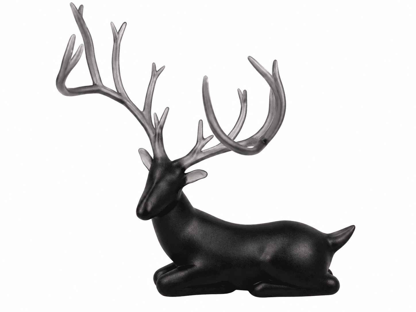 Matte black reclining deer ornament with tall branching grey antlers