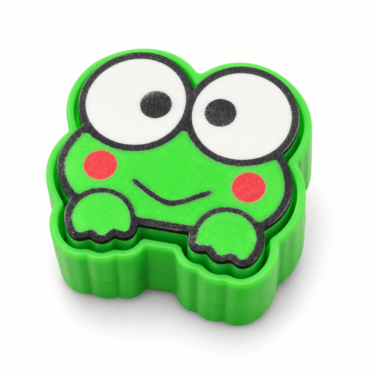 Green frog-shaped mini fidget clicker with large eyes and red cheeks