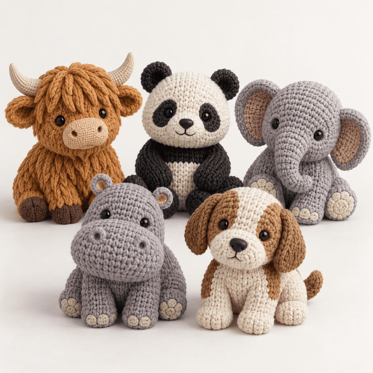 Knitted-look 3D printed animal figures including cow, panda, elephant, hippo and puppy