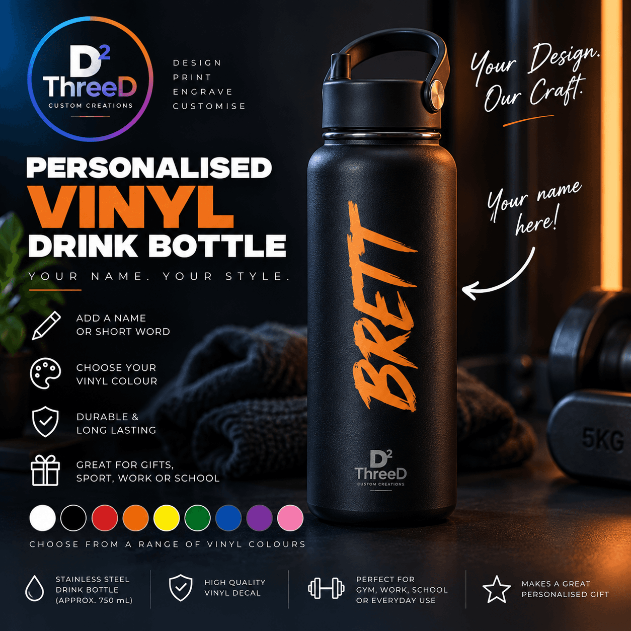 Matte black personalised drink bottle with orange vinyl name lettering