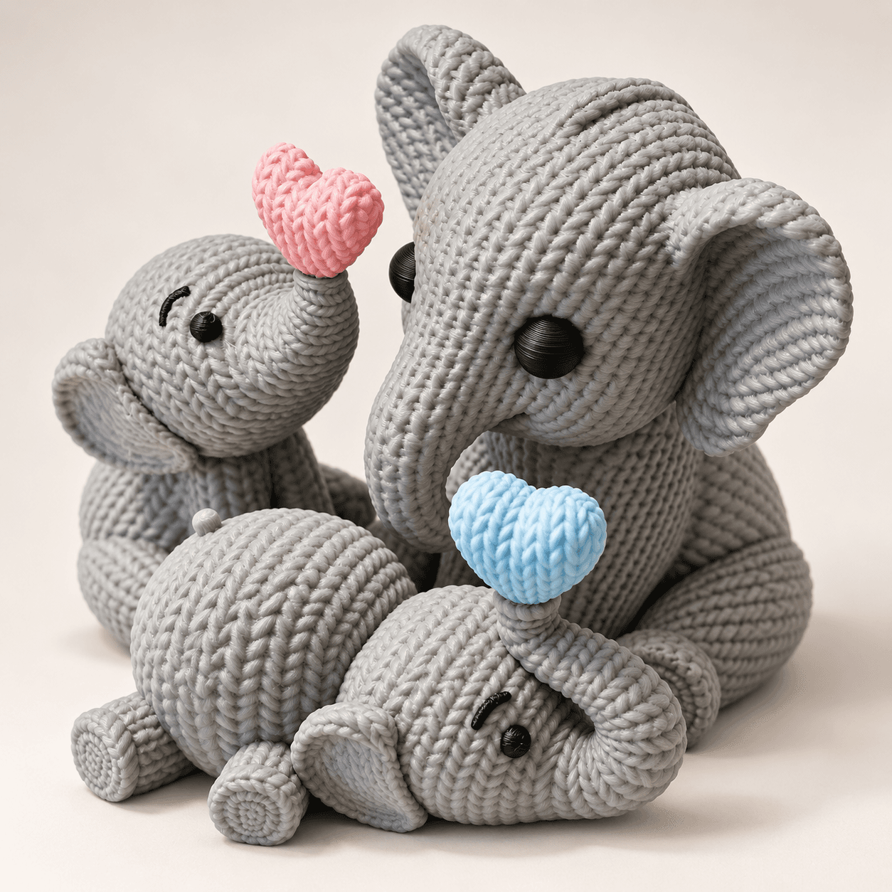 Knitted-look 3D printed elephant family figures displayed together